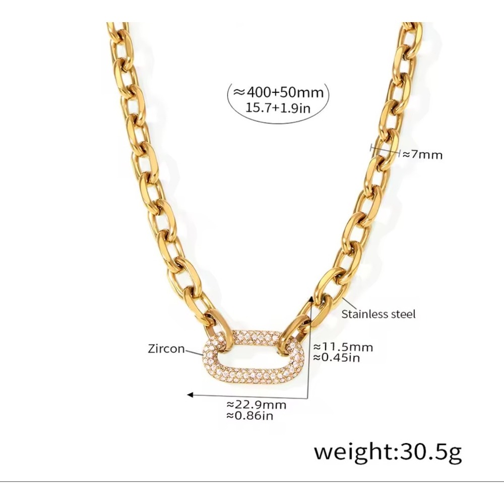 Gold Stainless Steel Zircon Carabiner Paperclip Link Chain Necklace Women